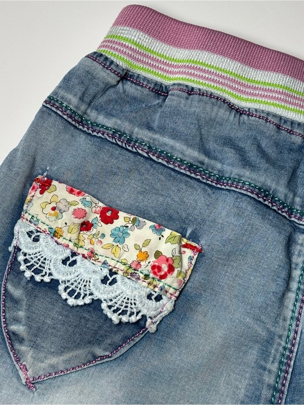 Girls Light Wash Denim Bunny Shorts Eyelet Lace Trim Elastic Waist Kawaii - Picture 8 of 10